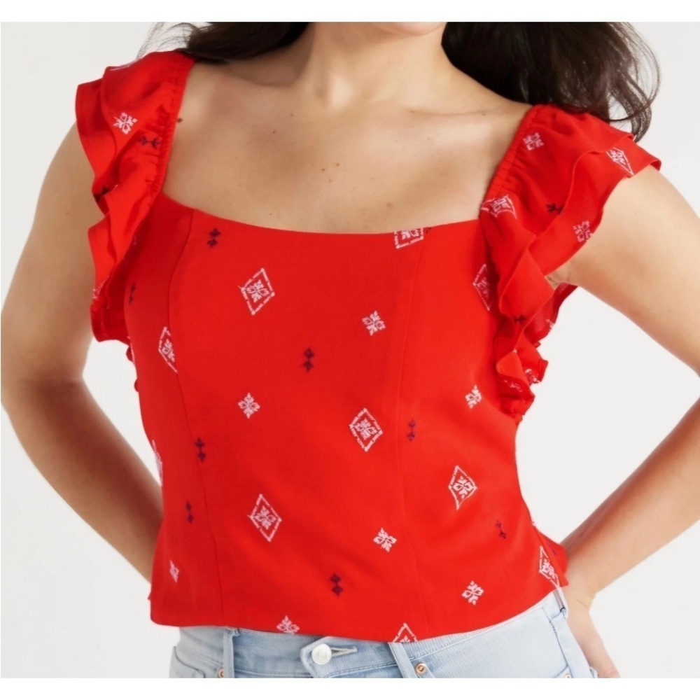 Sofia Jeans  Women's Plus Double Ruffle Embroidered Top Size XL, Red Alert